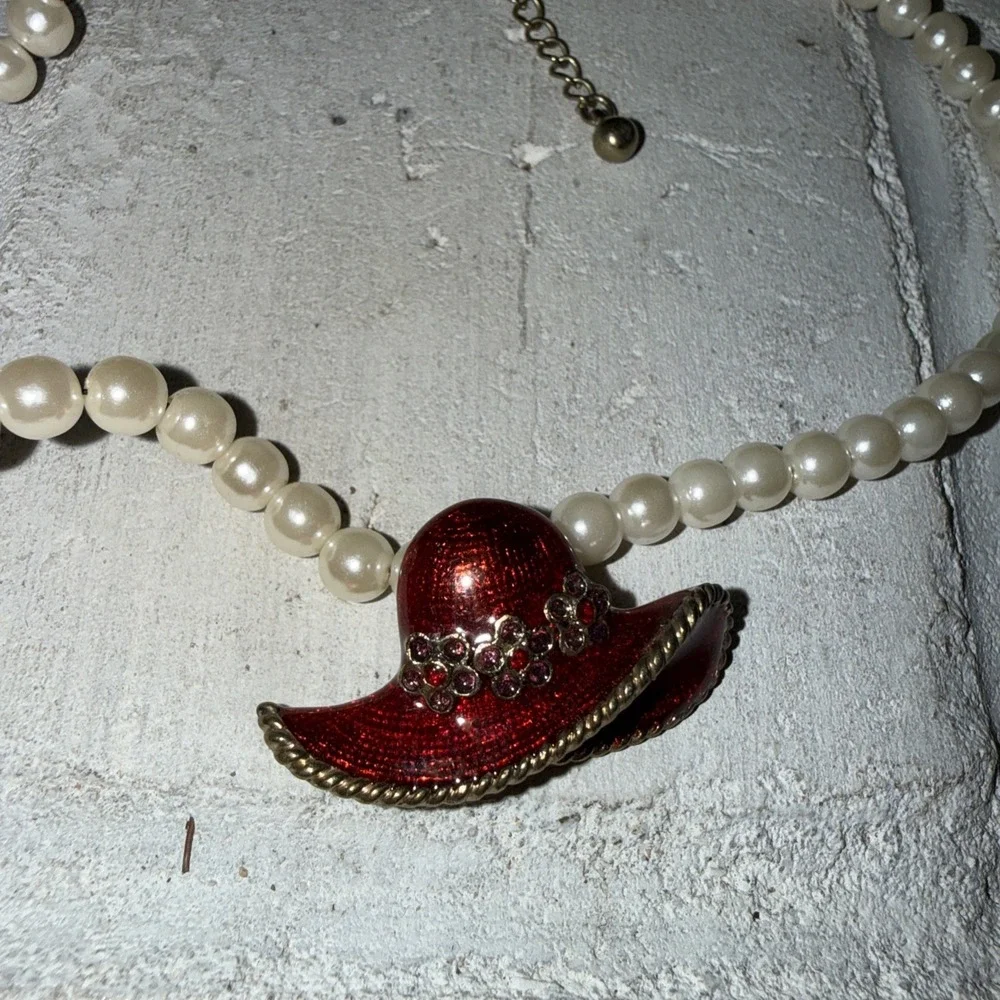 Vintage Imitation‎ Pearl Necklace With Red Hat Society Enamel Pendant 14